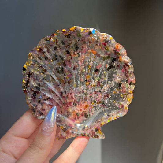 Watermelon Tourmaline Crystal Seashell Resin Bowl