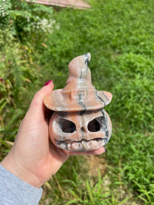 Large Orange Calcite Pumpkin with Witch Hat