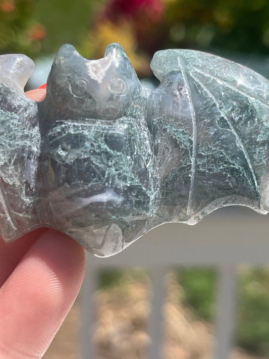 Moss Agate Bat Carving