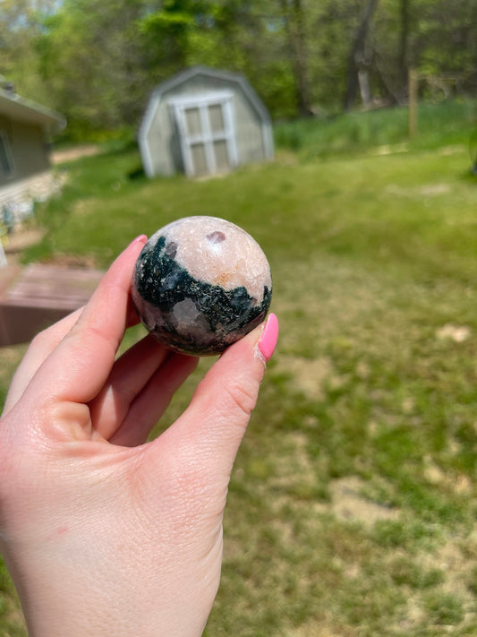 Pink Amethyst with Moss Agate Sphere