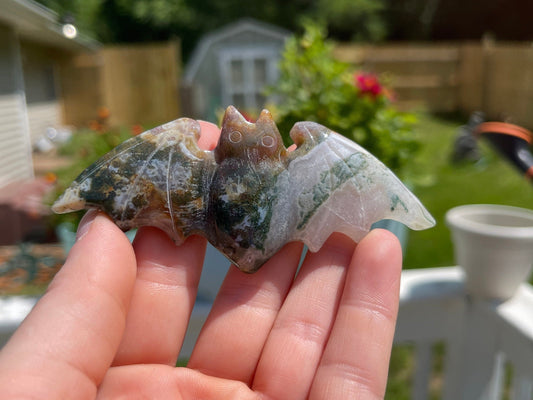 Moss Agate Bat Carving